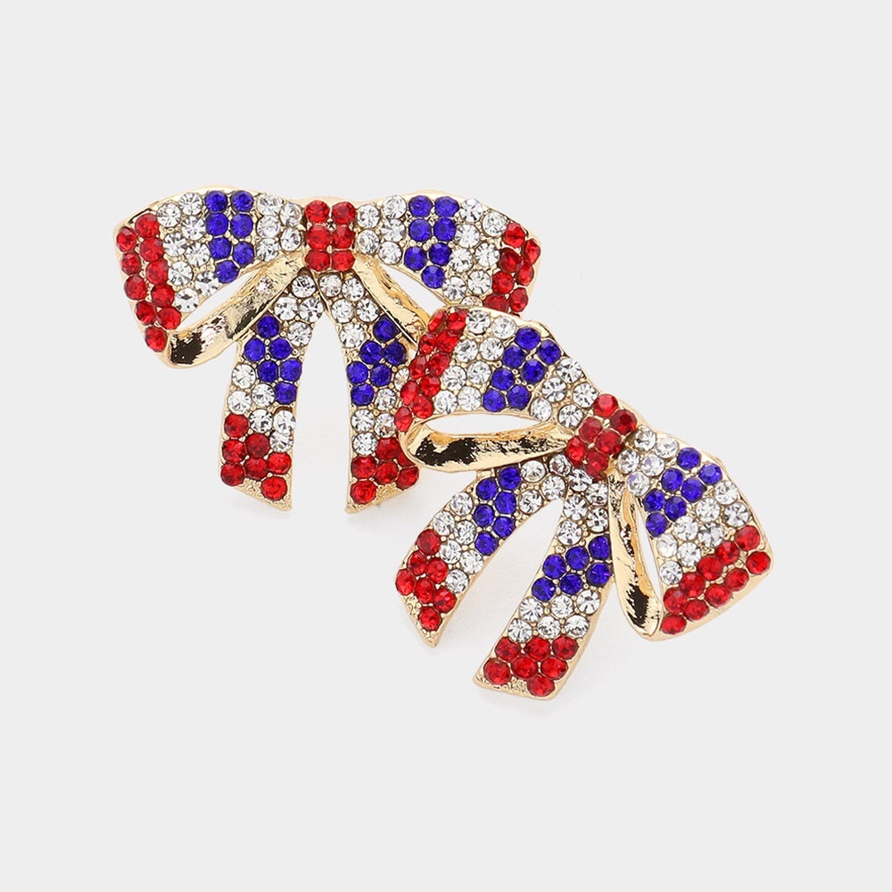 American USA Flag Colored Rhinestone Paved Bow Statement Earrings